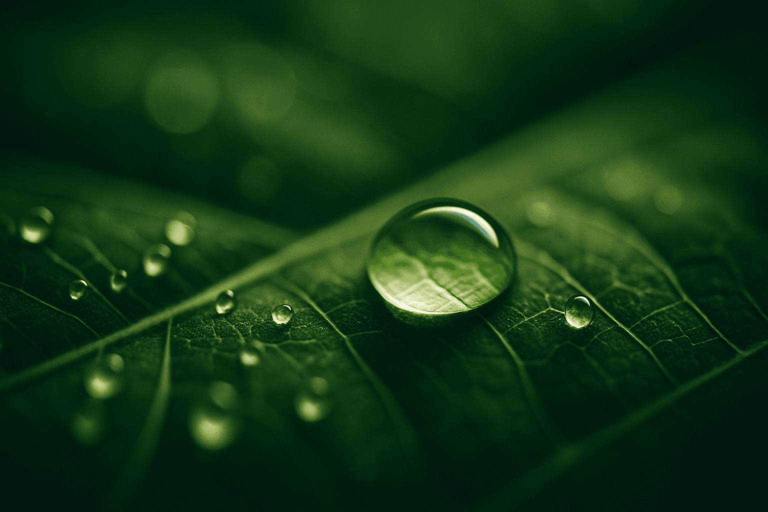 Water droplets on green leaf background